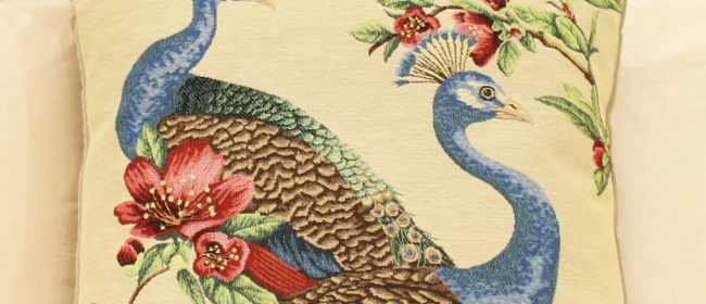 Tapestry Cushion – Peacocks and Flowers